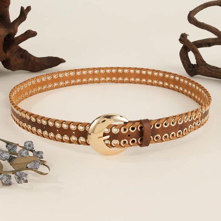 Cintura da donna in pelle con fibbia rotonda dorata e passante in corda retrò - image 3