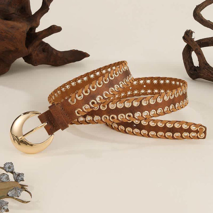 Cintura da donna in pelle con fibbia rotonda dorata e passante in corda retrò - image 2