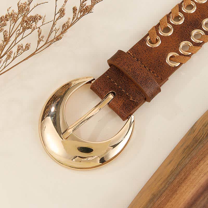 Cintura da donna in pelle con fibbia rotonda dorata e passante in corda retrò - image 4