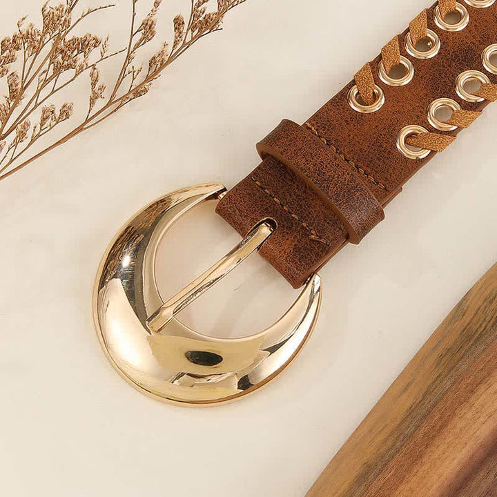 Cintura da donna in pelle con fibbia rotonda dorata e passante in corda retrò - image 4