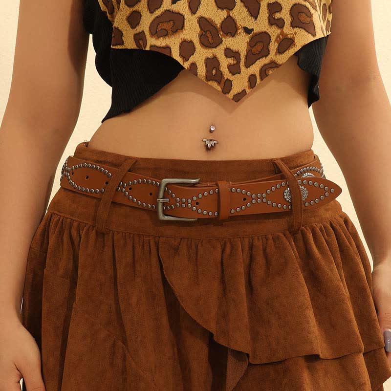 Cintura da donna in pelle con rivetti in argento anticato in stile western - image 1