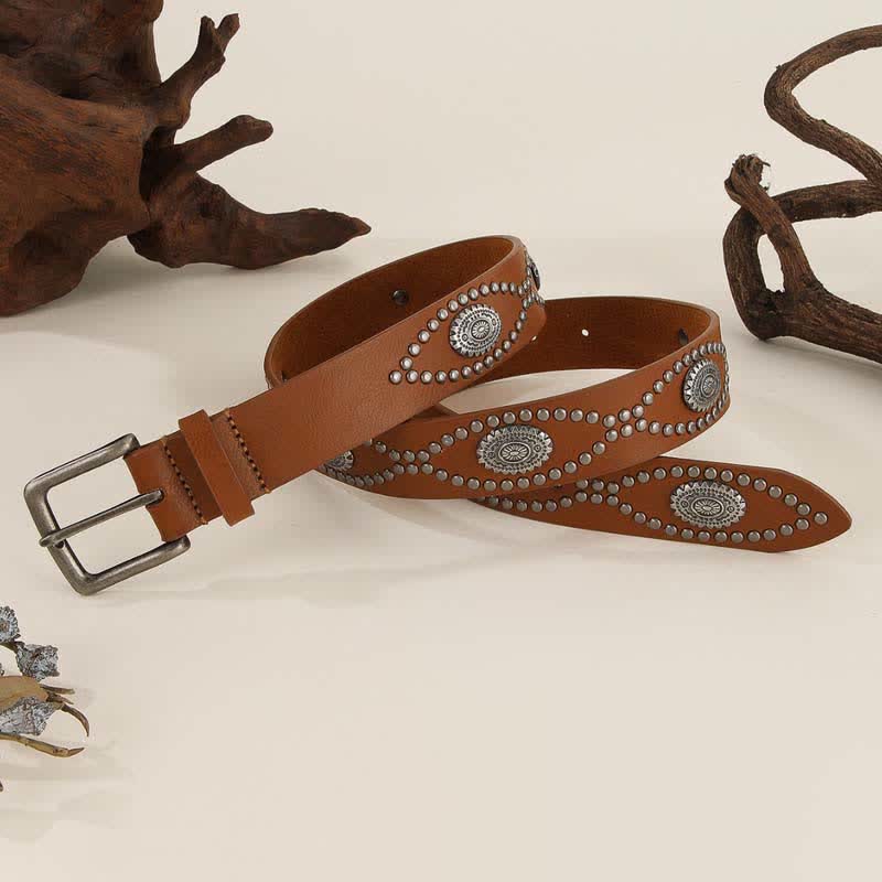 Cintura da donna in pelle con rivetti in argento anticato in stile western - image 2