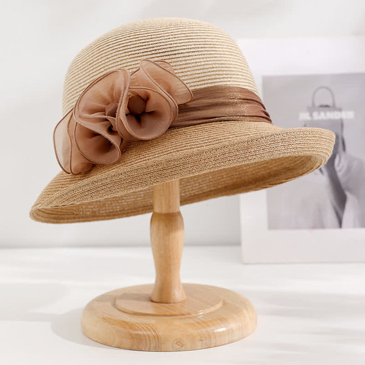 Cappello di paglia con nastro floreale stropicciato da donna - Cachi - Regolabile (20 7/8"-22 1/2") - image 0