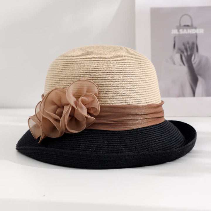 Cappello di paglia con nastro floreale stropicciato da donna - Nero - Regolabile (20 7/8"-22 1/2") - image 7