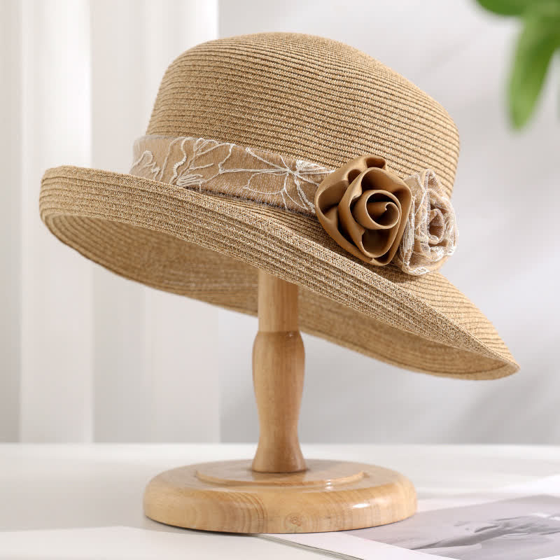 Cappello estivo in paglia con tesa arrotolata, a doppio fiore, da donna - Cachi - Regolabile (20 7/8"-22 1/2") - image 6