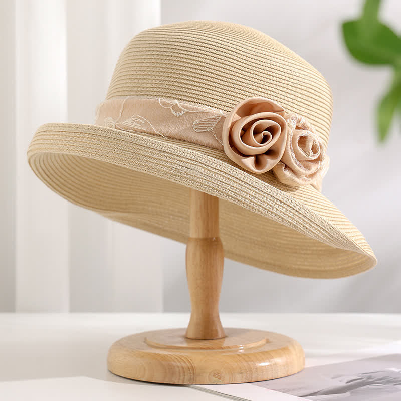 Cappello estivo in paglia con tesa arrotolata, a doppio fiore, da donna - Avorio - Regolabile (20 7/8"-22 1/2") - image 0