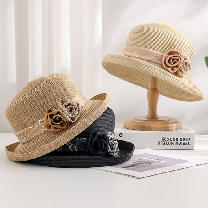 Cappello estivo in paglia con tesa arrotolata, a doppio fiore, da donna - image 1