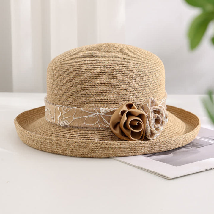 Cappello estivo in paglia con tesa arrotolata, a doppio fiore, da donna - image 7
