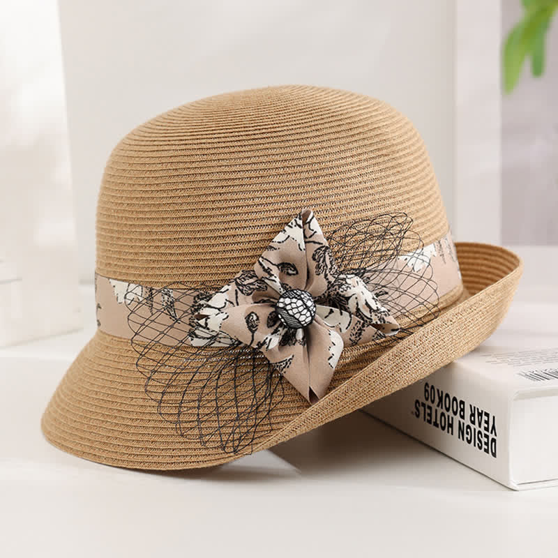 Cappello estivo in paglia con decorazione floreale in stile romano da donna - Cachi - Regolabile (20 7/8"-22 1/2") - image 0