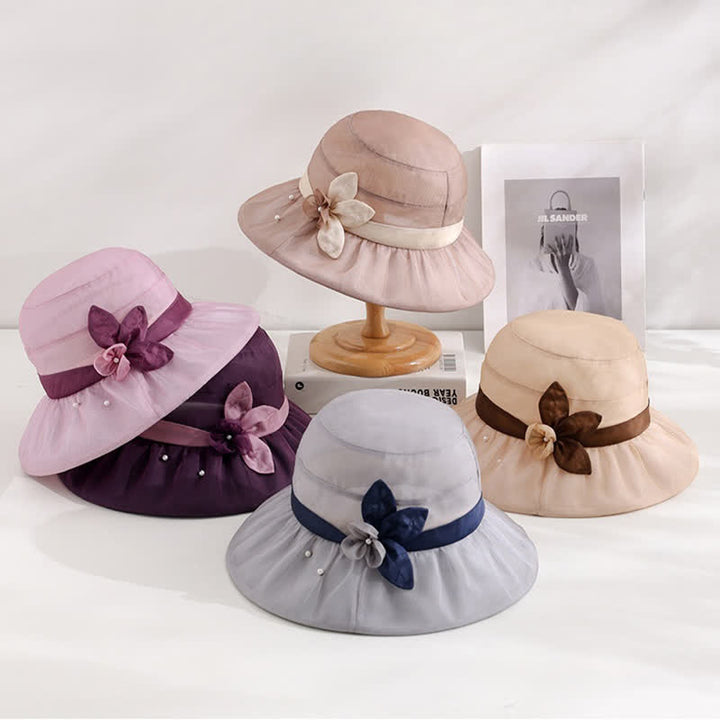 Cappello da sole da donna in seta a tesa larga con motivo floreale decorato con perle - image 2