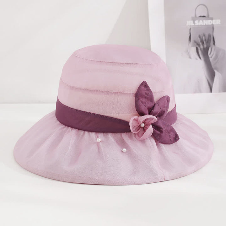 Cappello da sole da donna in seta a tesa larga con motivo floreale decorato con perle - Viola - Regolabile (20 7/8"-22 1/2") - image 3