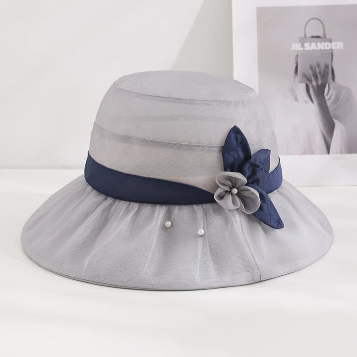Cappello da sole da donna in seta a tesa larga con motivo floreale decorato con perle - Grigio - Regolabile (20 7/8"-22 1/2") - image 13