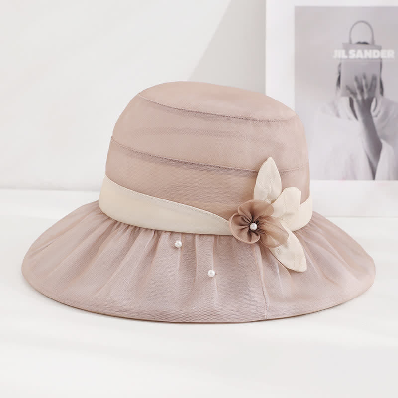 Cappello da sole da donna in seta a tesa larga con motivo floreale decorato con perle - image 1