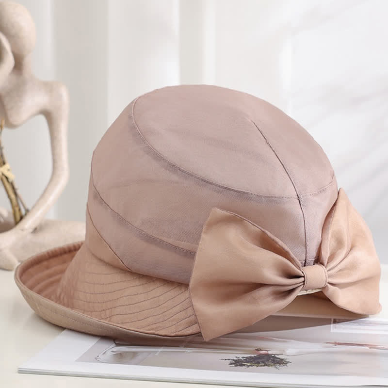 Cappello da sole pieghevole in seta con tesa larga e nodo a fiocco grande da donna - Rosa Marrone - Regolabile (20 7/8"-22 1/2") - image 0