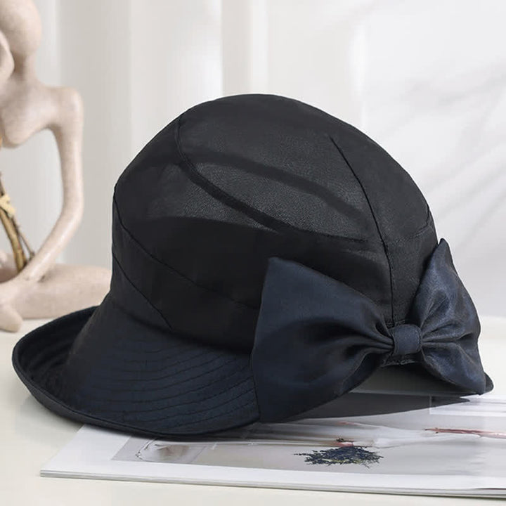 Cappello da sole pieghevole in seta con tesa larga e nodo a fiocco grande da donna - Nero - Regolabile (20 7/8"-22 1/2") - image 9