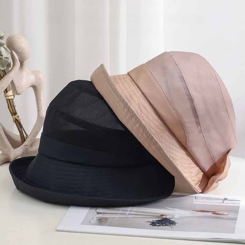 Cappello da sole pieghevole in seta con tesa larga e nodo a fiocco grande da donna - image 1