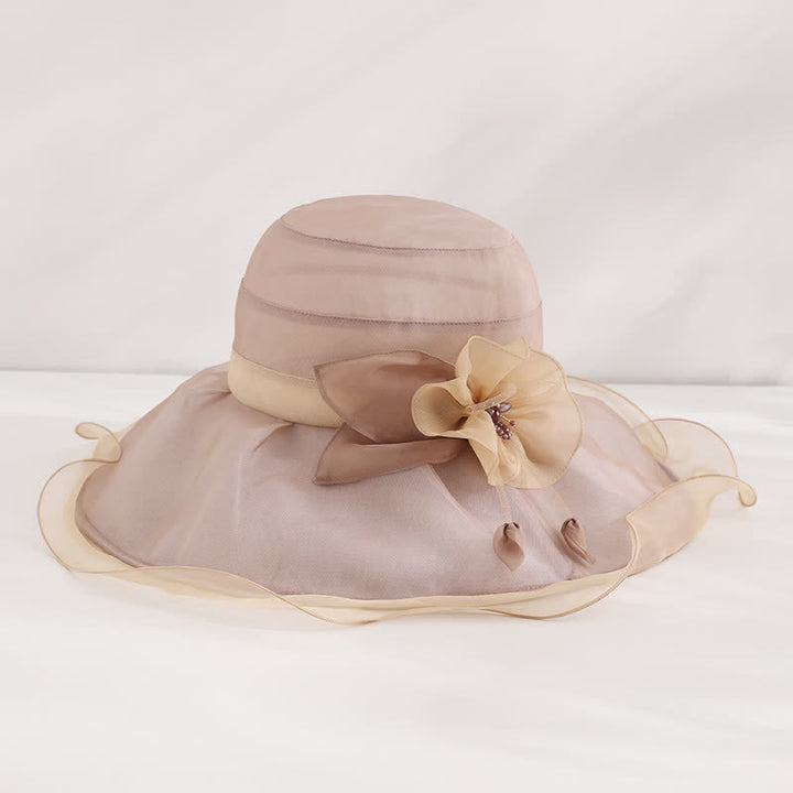 Cappello da sole da donna in seta pieghevole con tesa larga e ondulata e motivo floreale - Rosa Marrone - Regolabile (20 7/8"-22 1/2") - image 10