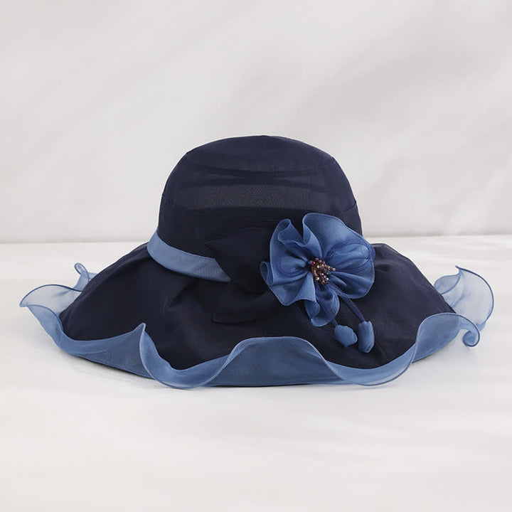Cappello da sole da donna in seta pieghevole con tesa larga e ondulata e motivo floreale - Marina - Regolabile (20 7/8"-22 1/2") - image 8