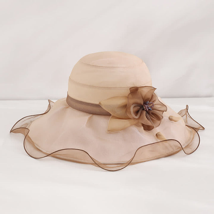 Cappello da sole da donna in seta pieghevole con tesa larga e ondulata e motivo floreale - Beige - Regolabile (20 7/8"-22 1/2") - image 3