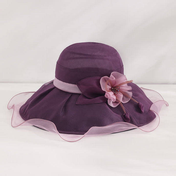 Cappello da sole da donna in seta pieghevole con tesa larga e ondulata e motivo floreale - Viola scuro - Regolabile (20 7/8"-22 1/2") - image 9