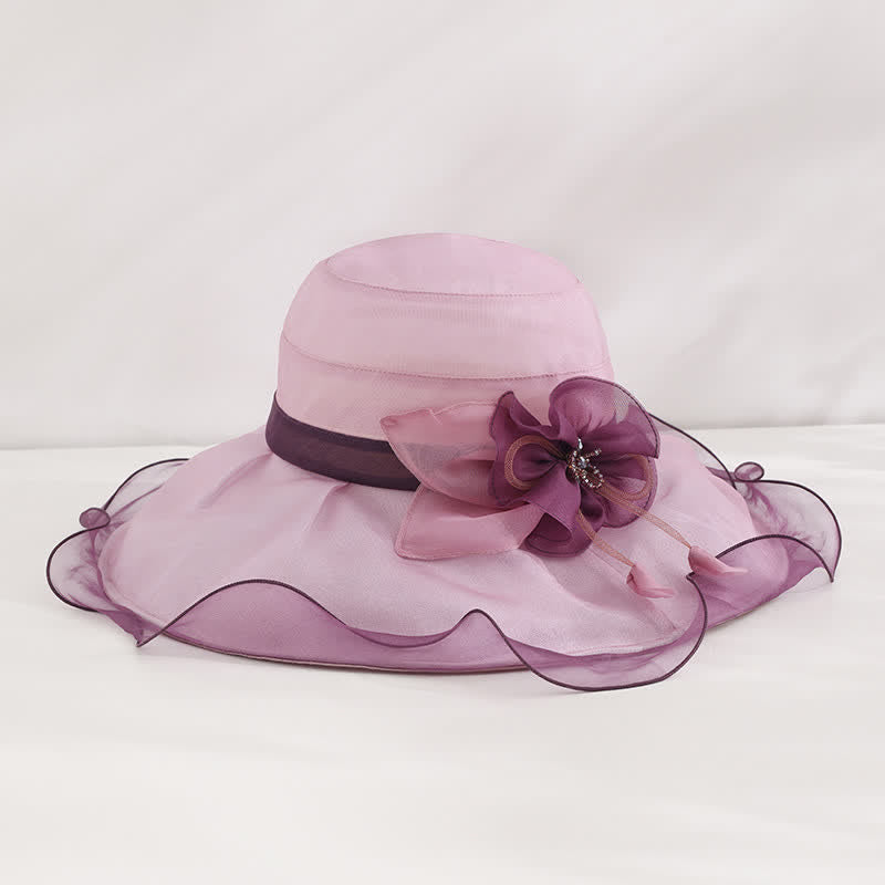 Cappello da sole da donna in seta pieghevole con tesa larga e ondulata e motivo floreale - Viola - Regolabile (20 7/8"-22 1/2") - image 0