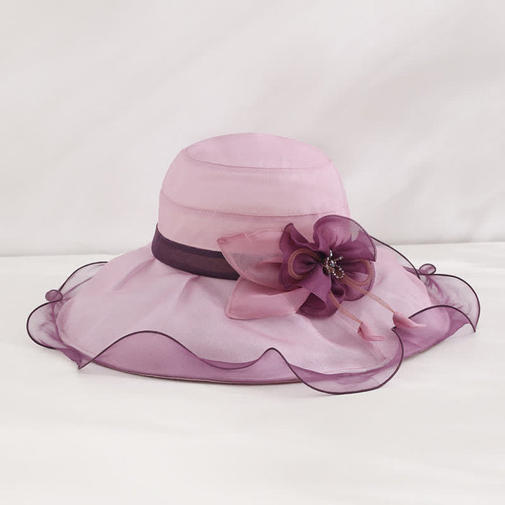 Cappello da sole da donna in seta pieghevole con tesa larga e ondulata e motivo floreale - Viola - Regolabile (20 7/8"-22 1/2") - image 0
