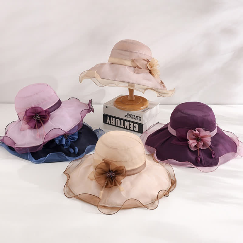 Cappello da sole da donna in seta pieghevole con tesa larga e ondulata e motivo floreale - image 1