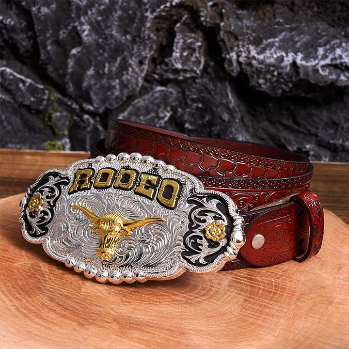 Cintura in pelle con fibbia grande fai da te a forma di testa di toro in argento e oro Rodeo - Preghiera - Cintura marrone intagliata - 42 - image 7