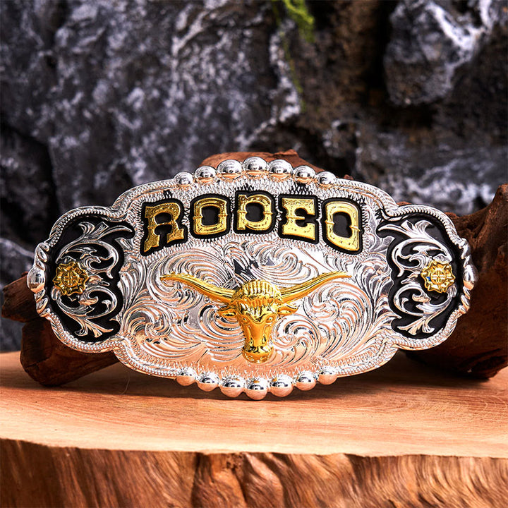 Cintura in pelle con fibbia grande fai da te a forma di testa di toro in argento e oro Rodeo - Preghiera - Senza cintura - Cintura non inclusa - image 0