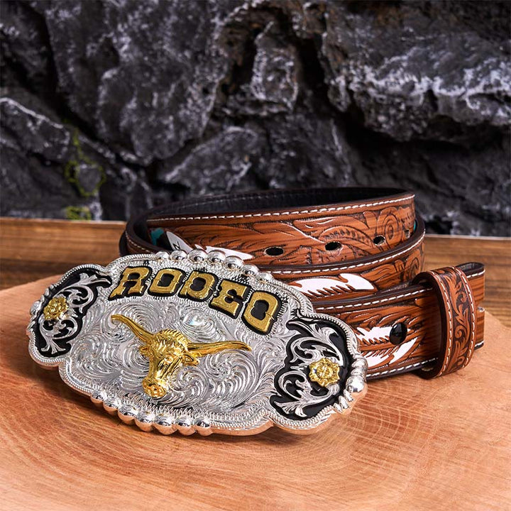 Cintura in pelle con fibbia grande fai da te a forma di testa di toro in argento e oro Rodeo - Preghiera - Cintura di piume marroni - 40 - image 8