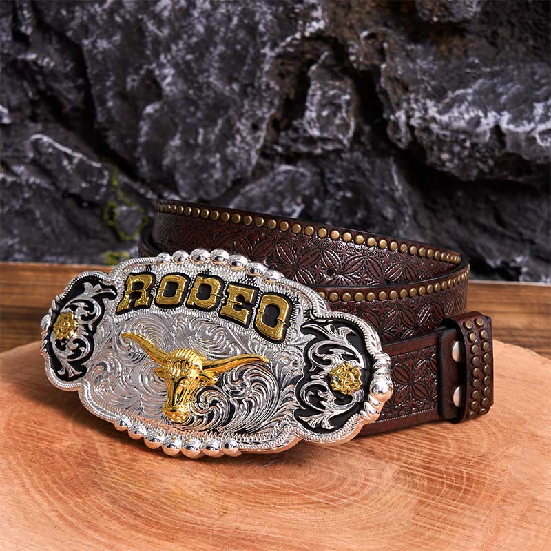 Cintura in pelle con fibbia grande fai da te a forma di testa di toro in argento e oro Rodeo - Preghiera - Cintura con rivetti marroni - 42 - image 5