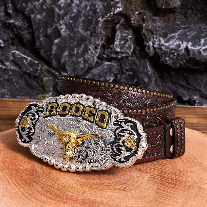 Cintura in pelle con fibbia grande fai da te a forma di testa di toro in argento e oro Rodeo - Preghiera - Cintura con rivetti marroni - 42 - image 5