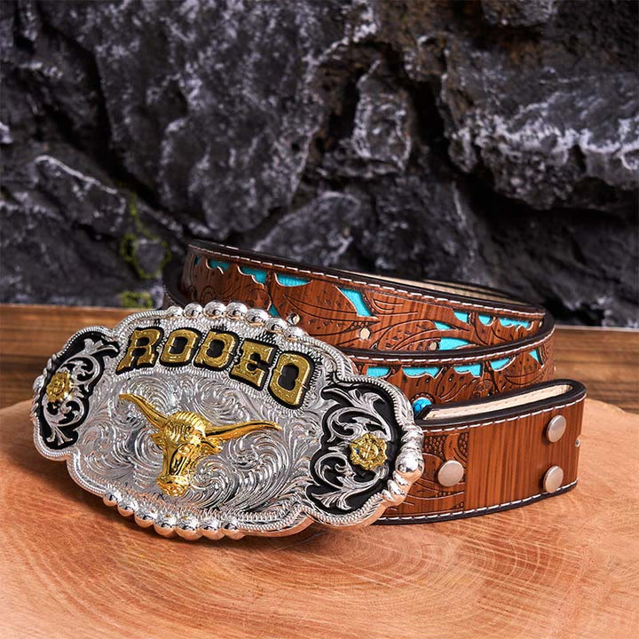 Cintura in pelle con fibbia grande fai da te a forma di testa di toro in argento e oro Rodeo - Preghiera - Cintura intagliata turchese - 42 - image 4