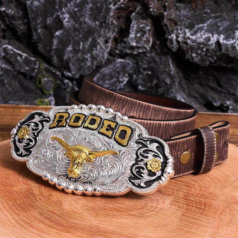 Cintura in pelle con fibbia grande fai da te a forma di testa di toro in argento e oro Rodeo - Preghiera - Cintura marrone anticata - 42 - image 6