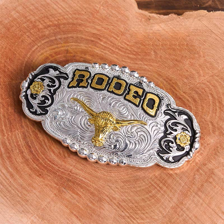 Cintura in pelle con fibbia grande fai da te a forma di testa di toro in argento e oro Rodeo - image 1