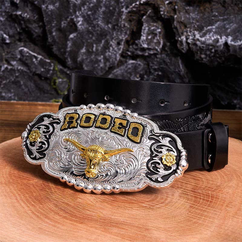 Cintura in pelle con fibbia grande fai da te a forma di testa di toro in argento e oro Rodeo - Preghiera - Cintura con aquila in rilievo nera - 42 - image 3