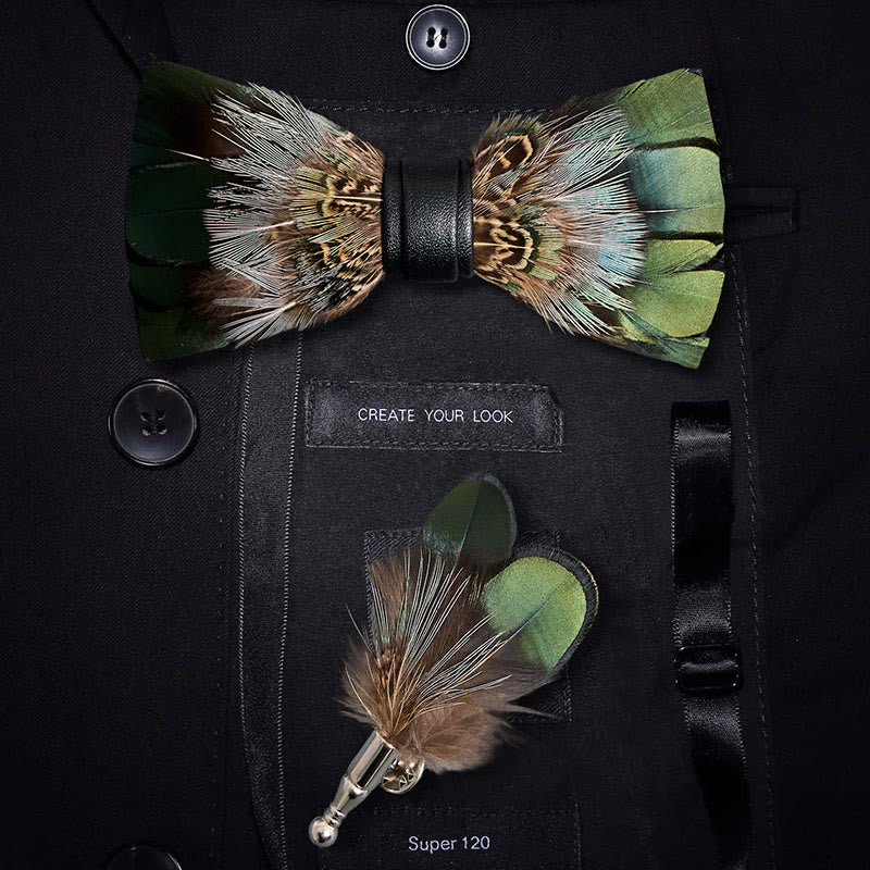 Papillon con piume di fagiano verde foresta e spilla da bavero - Ragazzo - image 0