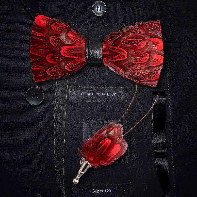 Papillon con piume di pavone Crison & Black e spilla da bavero - Crisone e Nero - image 0