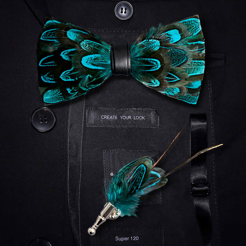 Papillon con piume di pavone verde acqua e nero con spilla da bavero - Verde acqua e nero - image 0