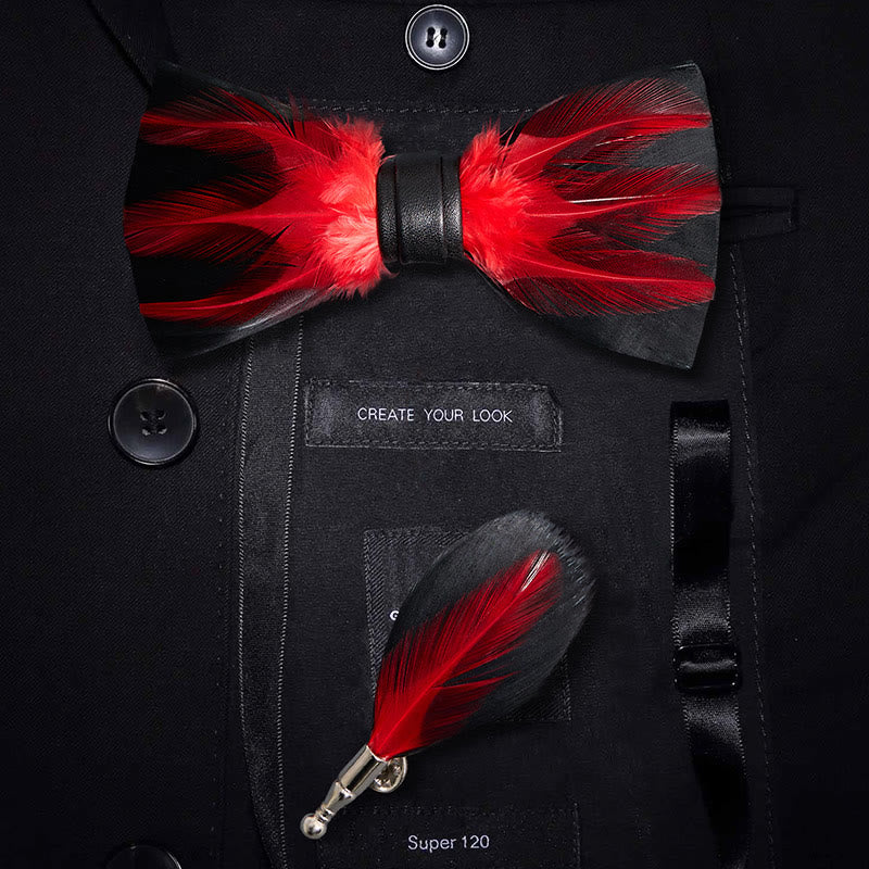 Papillon con piume pre-annodato rosso bianco bordeaux - Rosso - image 0