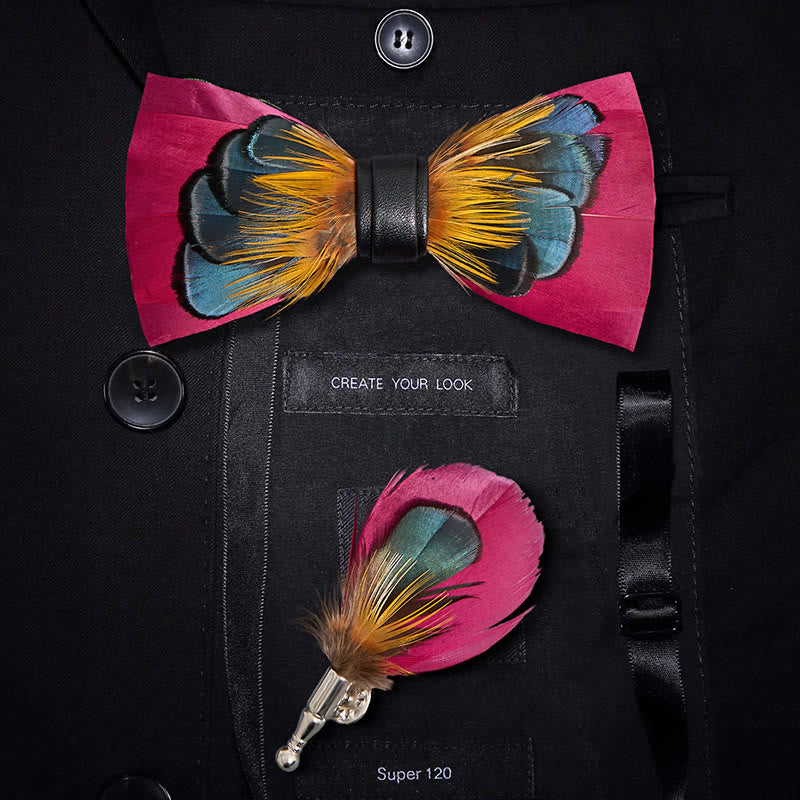 Papillon simmetrico con piume rosa e arancioni con spilla da bavero - Ragazzo - image 0