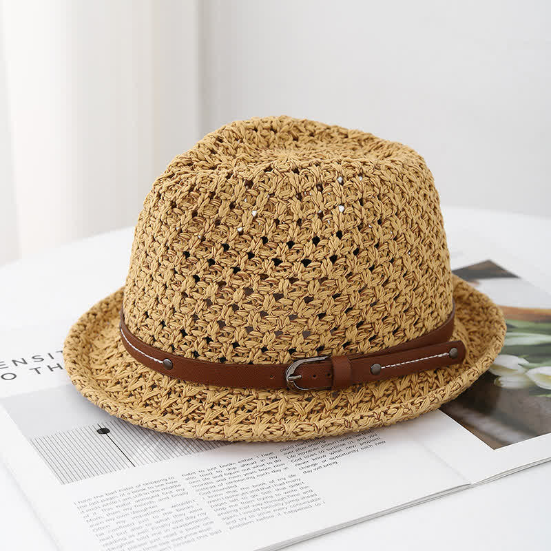 Cappello da uomo in paglia con cinturino decorativo in pelle traforata - Cachi - M (22"-22 7/8") - image 0