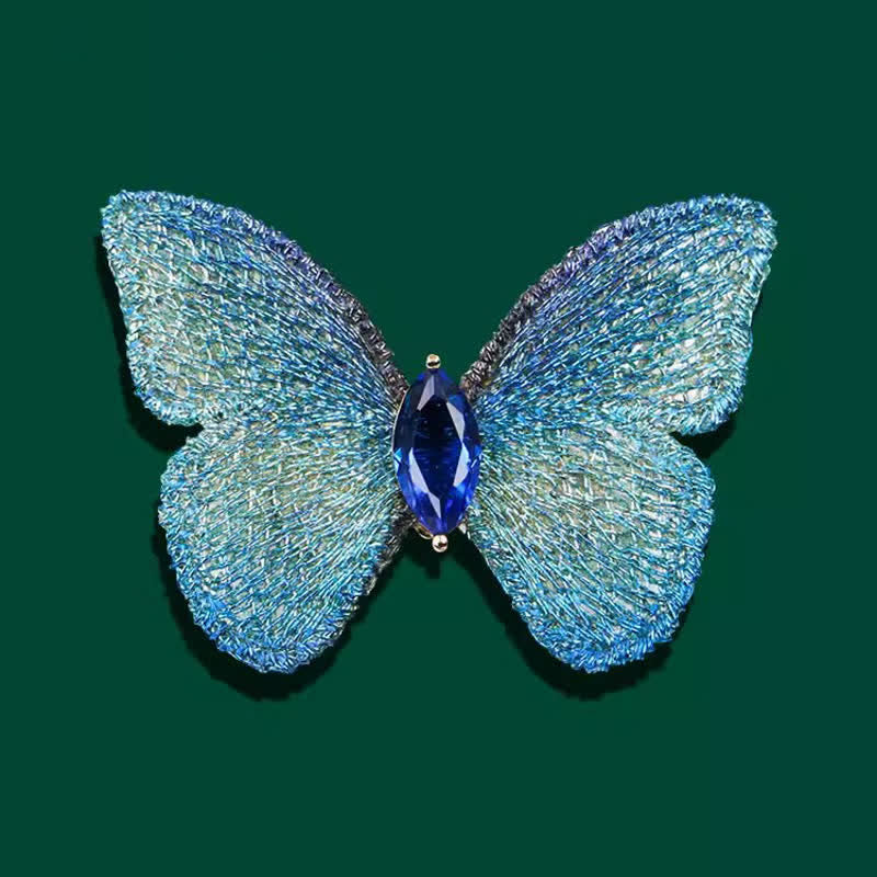 Spilla da donna con cristalli a forma di farfalla ricamata a mano - Blu - image 0