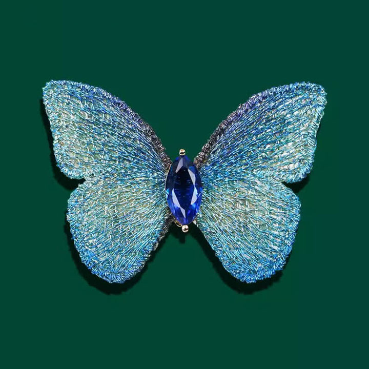 Spilla da donna con cristalli a forma di farfalla ricamata a mano - Blu - image 0