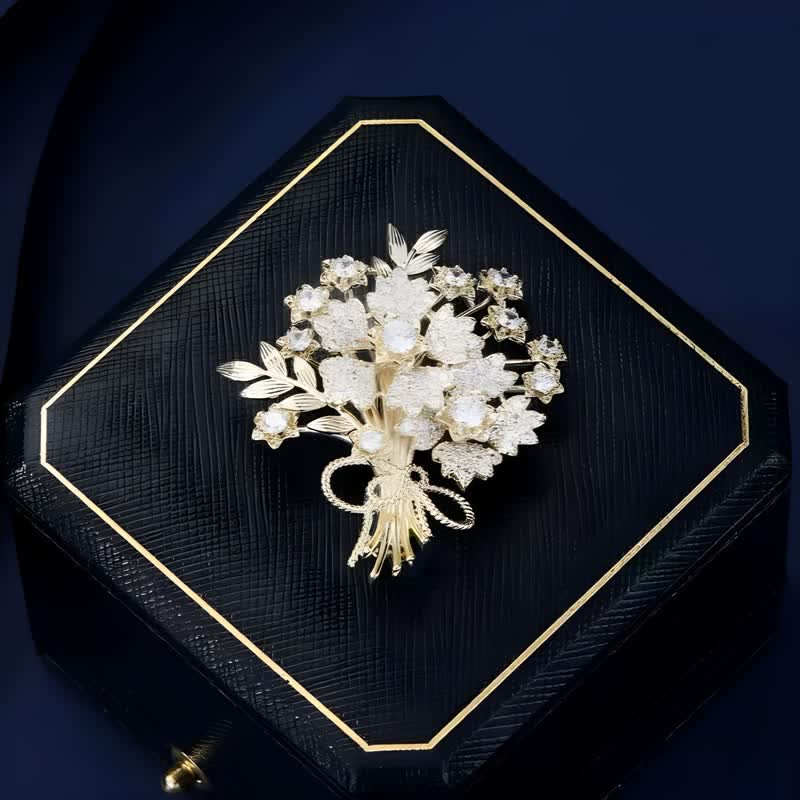 Spilla da sposa con bouquet di fiori in strass dorati da donna - image 3