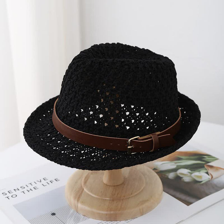 Cappello da uomo in stile classico britannico con cinturino in pelle e paglia Fedora - Nero - M (22"-22 7/8") - image 6