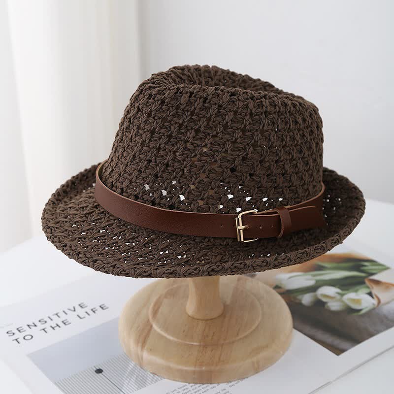 Cappello da uomo in stile classico britannico con cinturino in pelle e paglia Fedora - Caffè - M (22"-22 7/8") - image 7