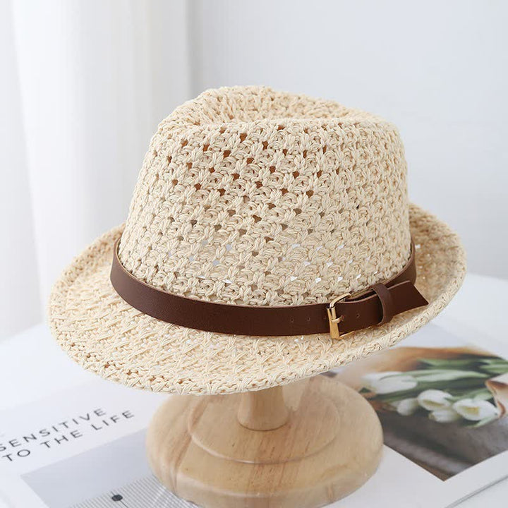 Cappello da uomo in stile classico britannico con cinturino in pelle e paglia Fedora - Avorio - M (22"-22 7/8") - image 0