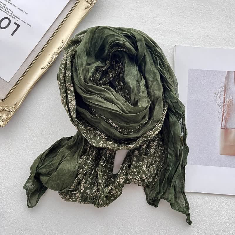 Sciarpa sottile in lino e cotone con pieghe floreali artistiche da donna - Verde - image 7