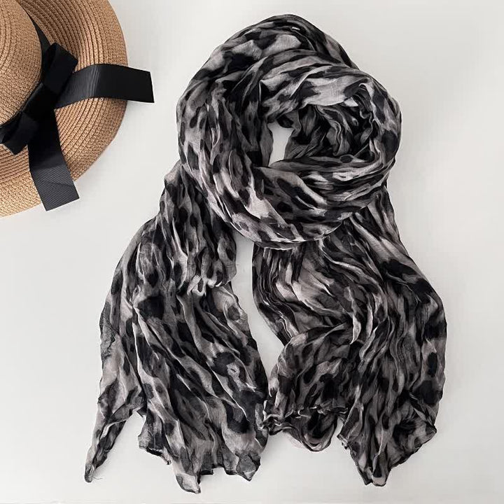 Sciarpa autunnale sottile in lino e cotone plissettato con stampa leopardata da donna - Grigio - image 6